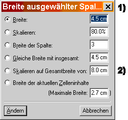 FrameMaker dialogue "Breite ausgewählter Spalten" with too narrow fields